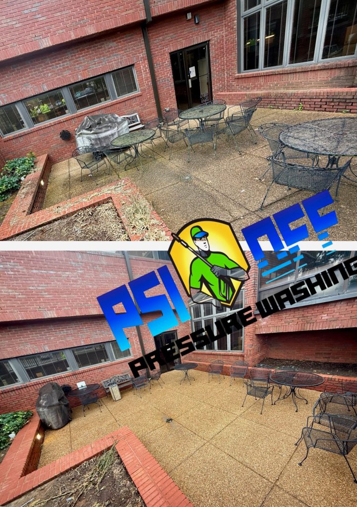 Before and after of the employee patio concrete cleaning at Hospice Family Care in Huntsville, AL