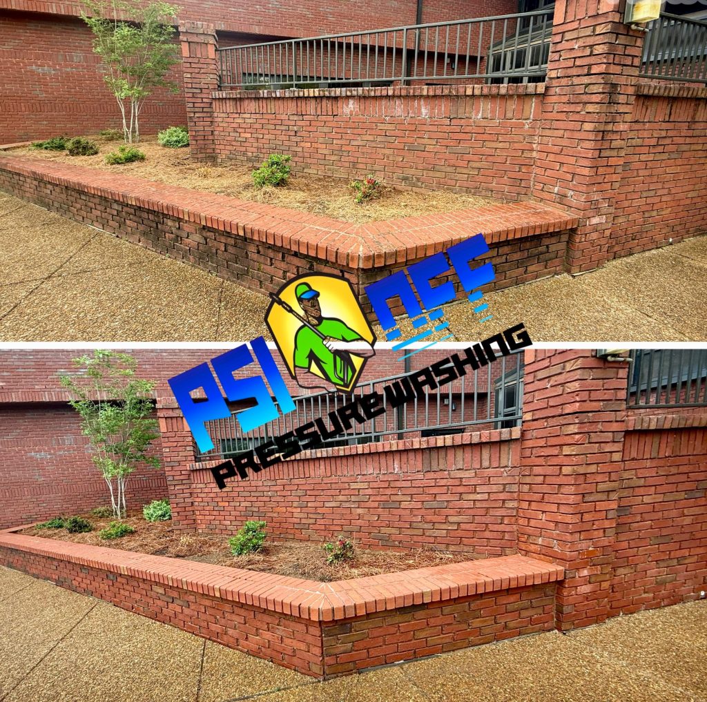 Before and after of the brick retaining wall cleaning at Hospice Family Care in Huntsville, AL